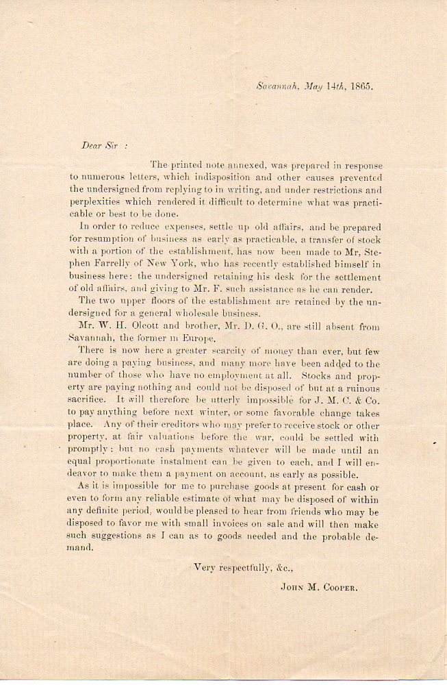 Image for Savannah Steam Press Letter about Effects of Civil War