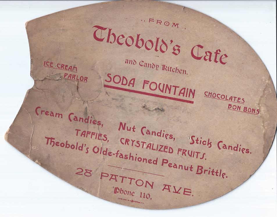 Theobold's Cafe and Candy Kitchen Advertising Fan Image for Theobold's Cafe and Candy Kitchen Advertising Fan
