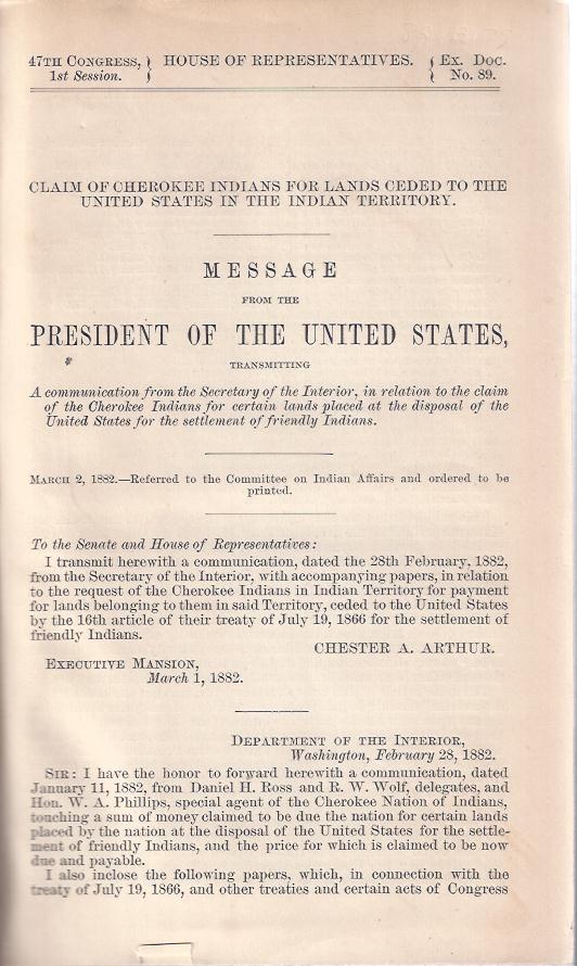 Image for Message from the President of the United States, Transmitting a communication from the Secretary of Interior, in relation to the claim of the Cherokee Indians for certain lands placed at the disposal of the United States for the settlement of friendly Indians