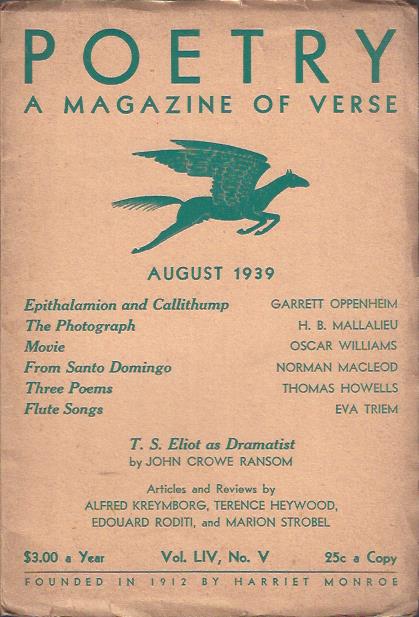 Image for Poetry, a Magazine of Verse August, 1939