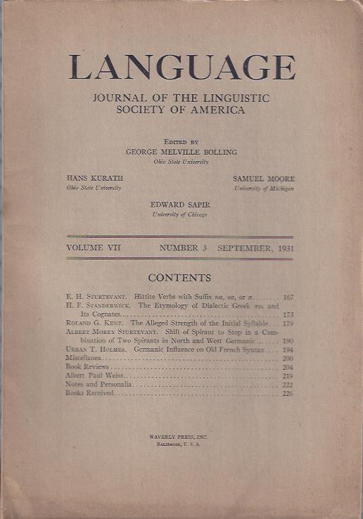 Image for Language: Journal of the Linguistic Society of America, September, 1931