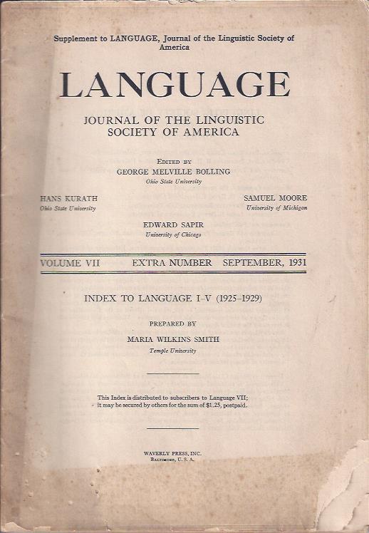Image for Language: Journal of the Linguistic Society of America, September, 1931, Supplement/Index to Language I-V, 1925-1929