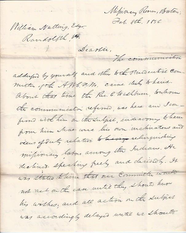 Image for Letter Concerning C. L. Washburn, "Apostle to the Indians" "Trail of Tears" Cherokee