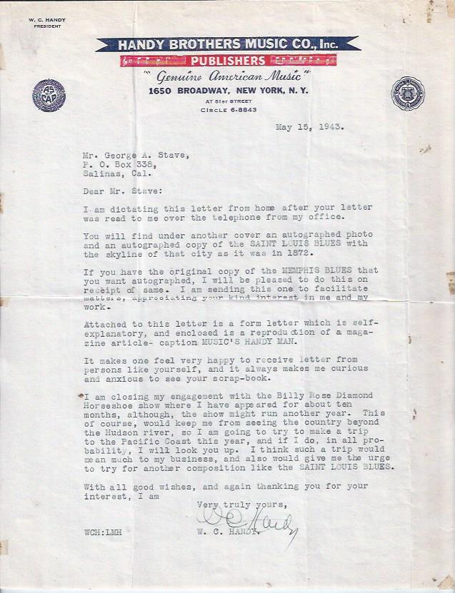 Image for W. C. Handy Letter, Signed -- to a fan, 1943