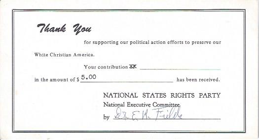 Image for National States Rights Party Receipt with Autograph