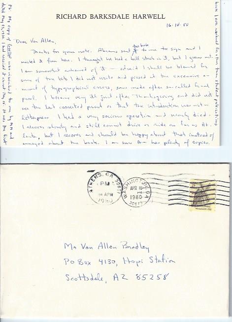 Image for Autographed Letter to Van Allen Bradley concerning Gone with the Wind