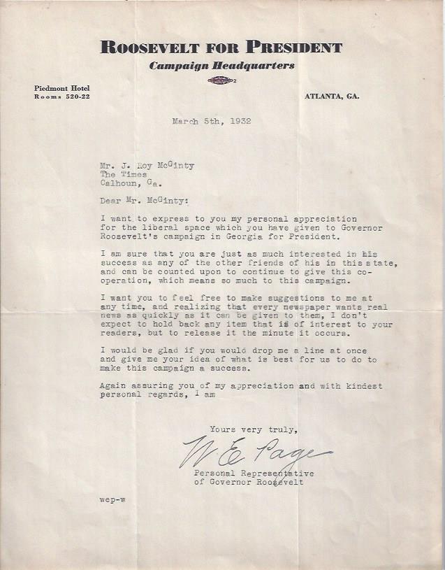 Image for Two letters concerning Roosevelt Presidential Campaign in Georgia, 1932, 1936