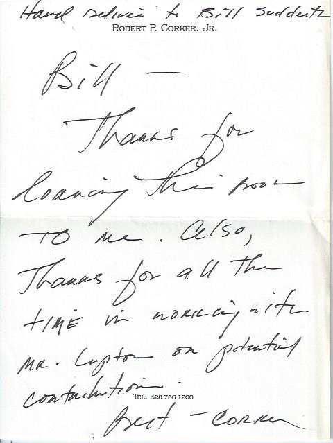 Image for Autographed Note Signed by Bob Corker, Tennessee Senator
