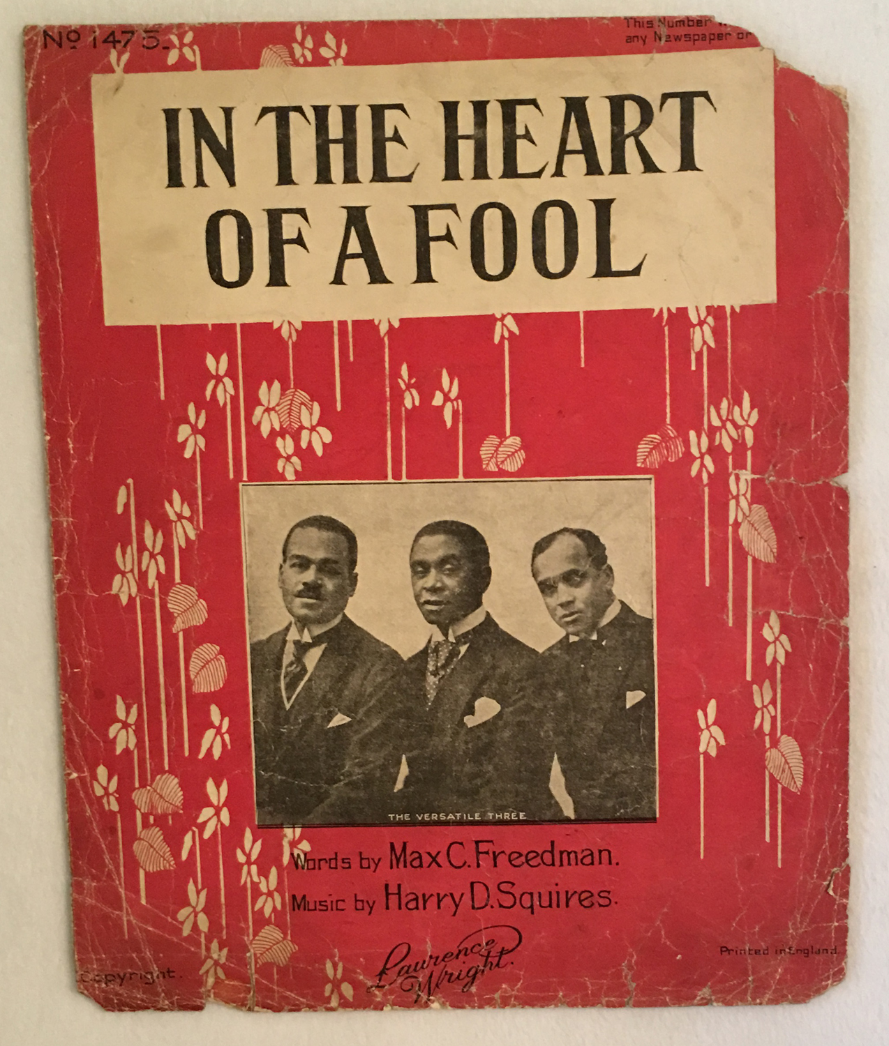 Image for In the Heart of a Fool by The Versatile Three -- Sheet Music, 1919