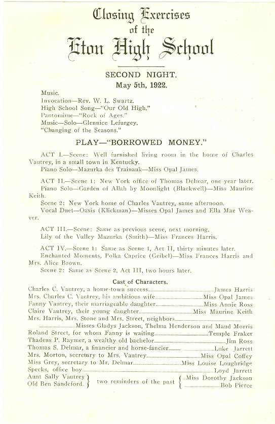 Image for Closing Exercises of Eton High School, May 5, 1922 Second Night